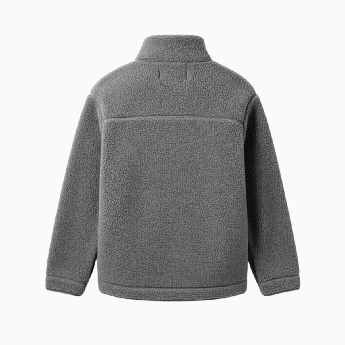 Flat lay of the back of the gray Julie sherpa fleece jacket, showing the high-quality material and minimalist design.