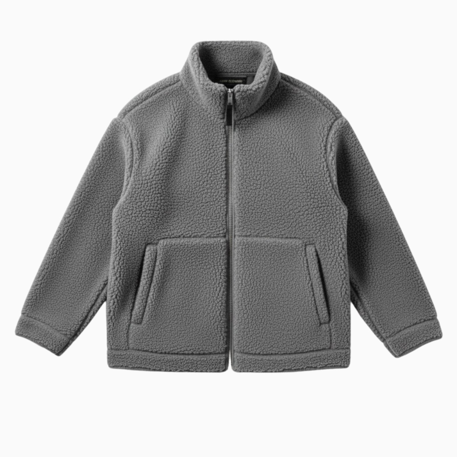 Top-down flat lay of the Julie full-zip sherpa jacket in gray on a white background, displaying its texture and construction.