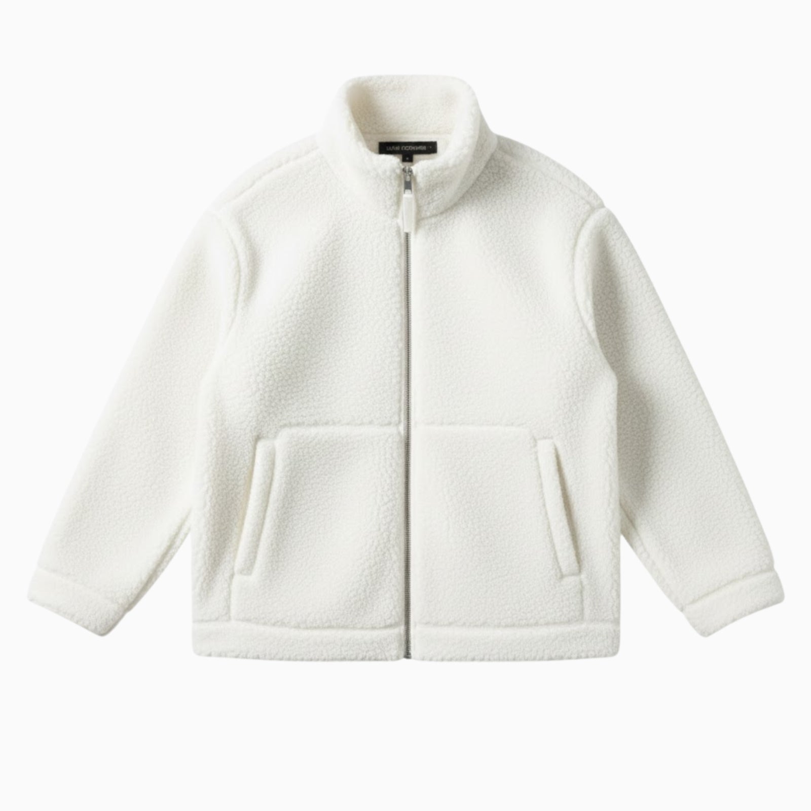 Product flat lay of the white Julie sherpa fleece jacket, showing the full front, zipper detail, and patch pockets.