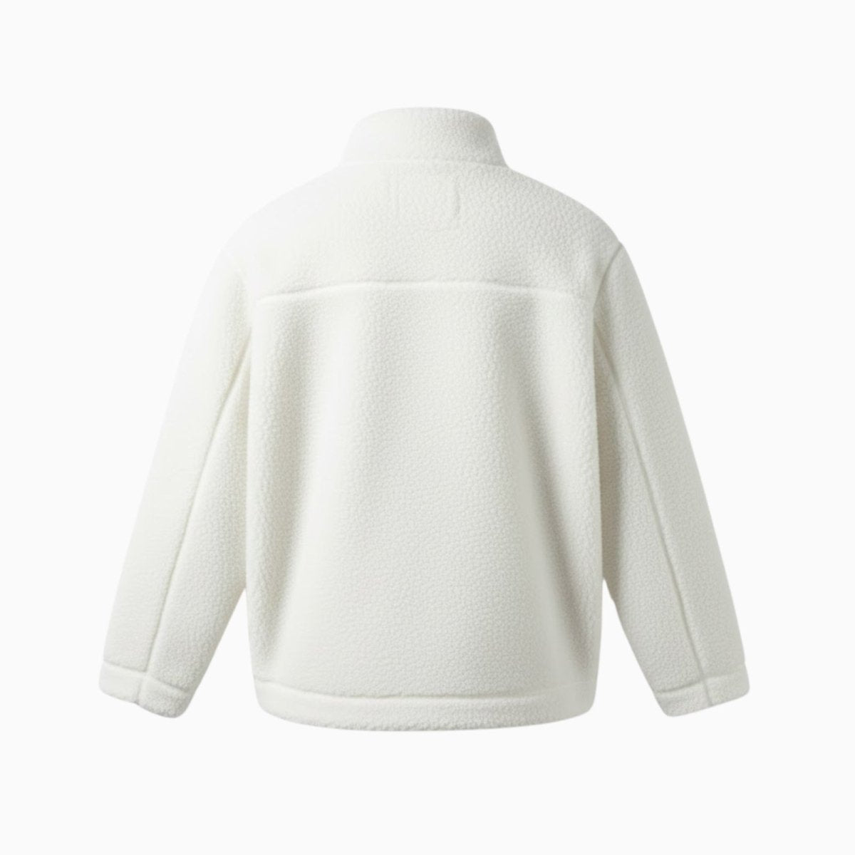 Top-down flat lay of the back of the white Julie sherpa jacket, displaying the clean lines and texture of the fleece.