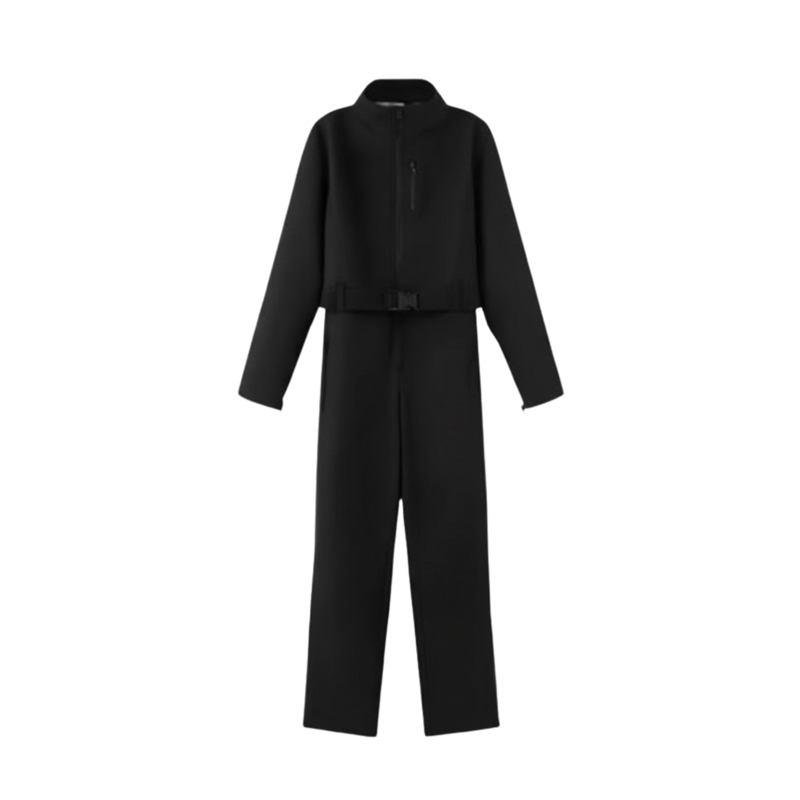 Flat lay of the Kouvr Junnie black technical jumpsuit showing the front zipper, chest pocket, and belt buckle detail.