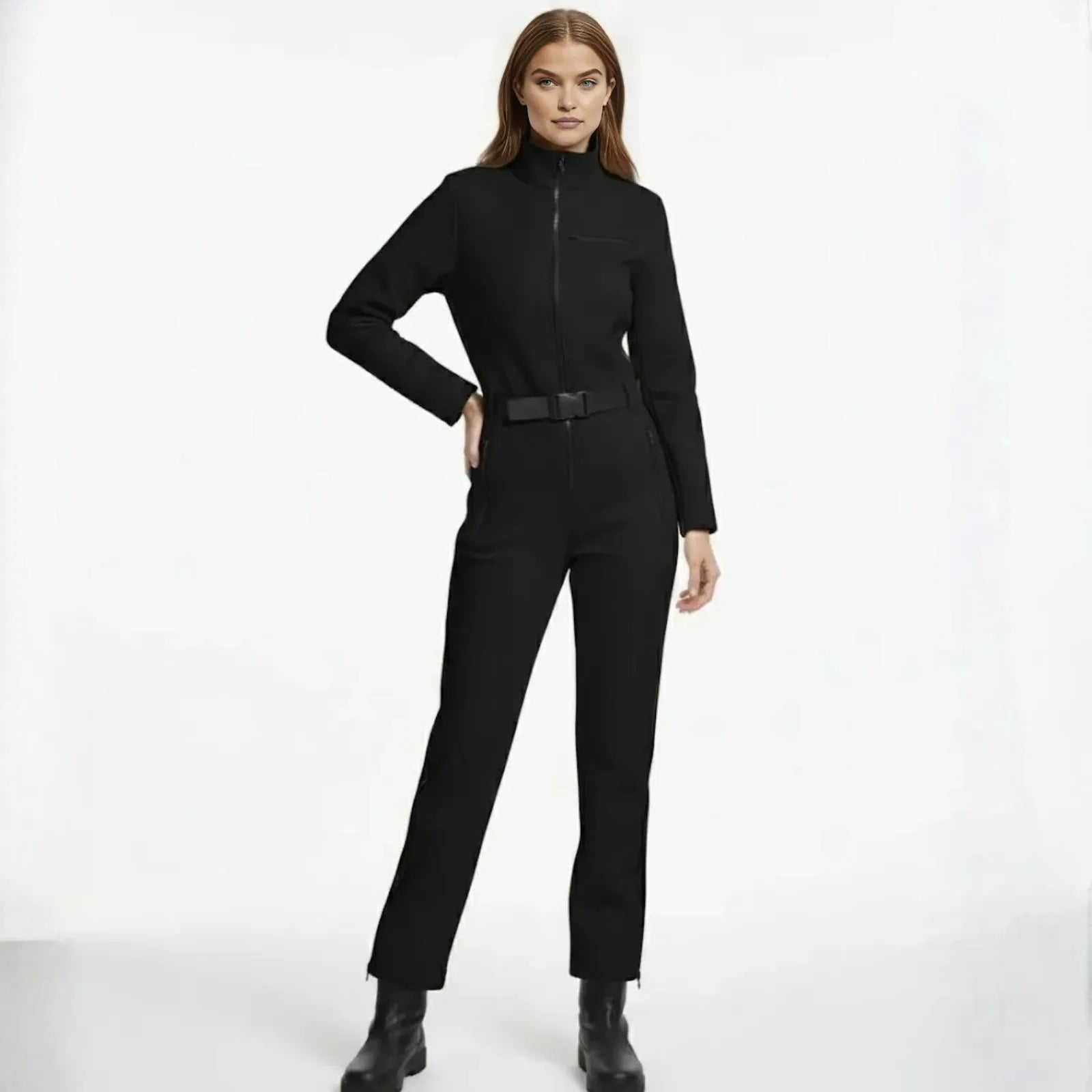 Model wearing the Kouvr Junnie black belted long sleeve jumpsuit with a mock neck and front zipper.