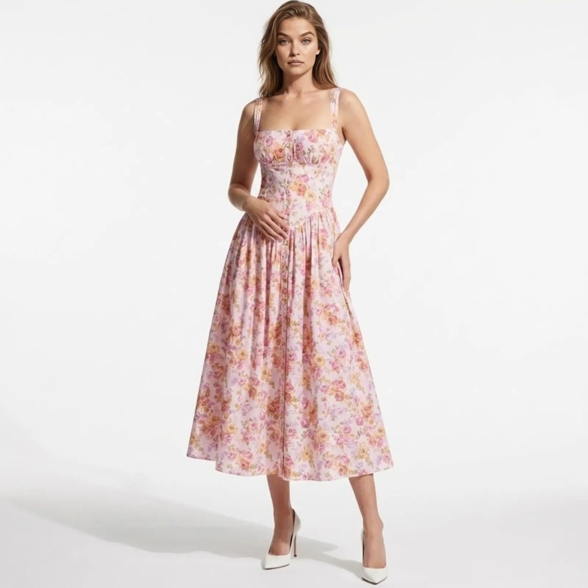 Model wearing the kallirroi pink floral corset midi dress with a square neckline and full A-line skirt, by Kouvr Fashion.
