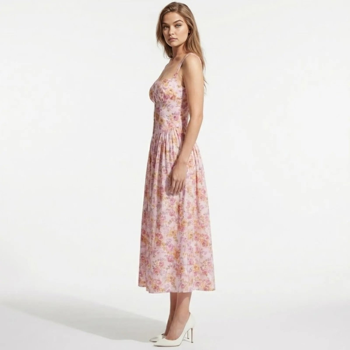 Side view of a woman in a pink floral A-line midi dress showing the fitted bodice and flowing tea-length skirt.