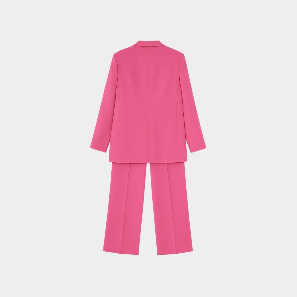 Flat lay showing the back construction of the Kouvr kate pink blazer and matching trousers on a light grey background.