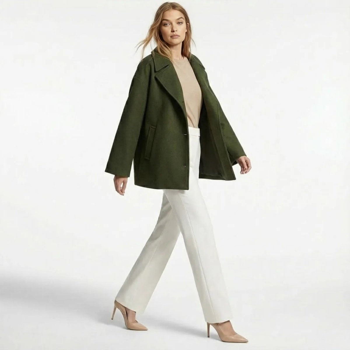 Model in motion wearing the Kouvr Katherine green short wool coat, showcasing the oversized fit and drape.