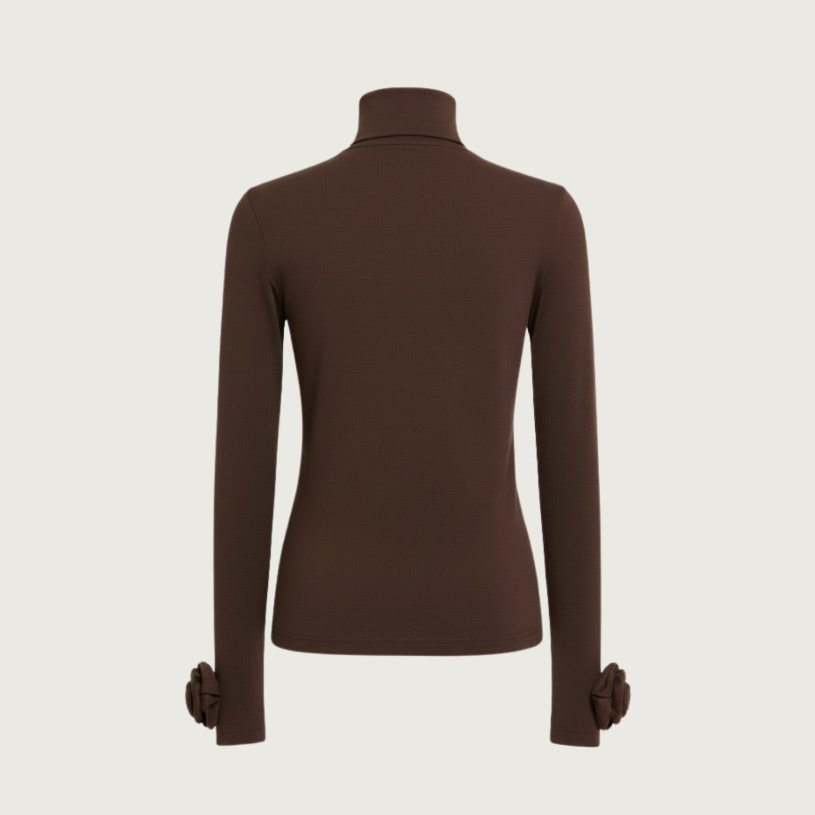 Flat lay of the back of the brown turtleneck top, displaying the fabric texture and silhouette.