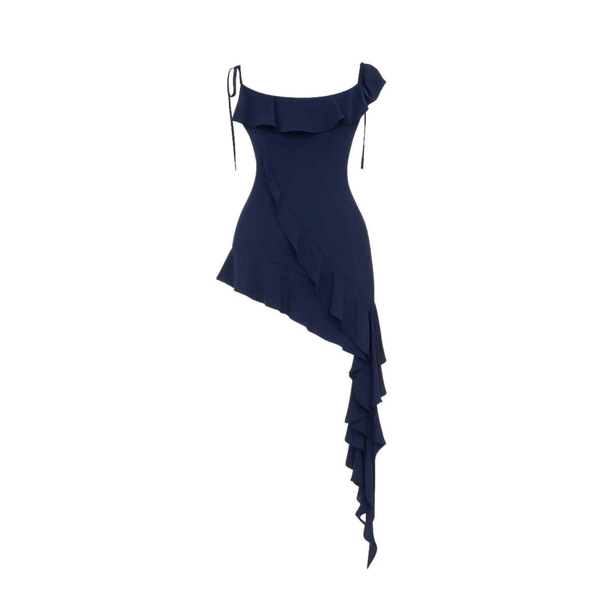 Navy kouvr dress with ruffled details on a white background