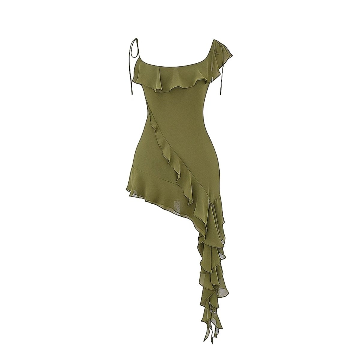Olive kouvr dress with ruffled details on a white background