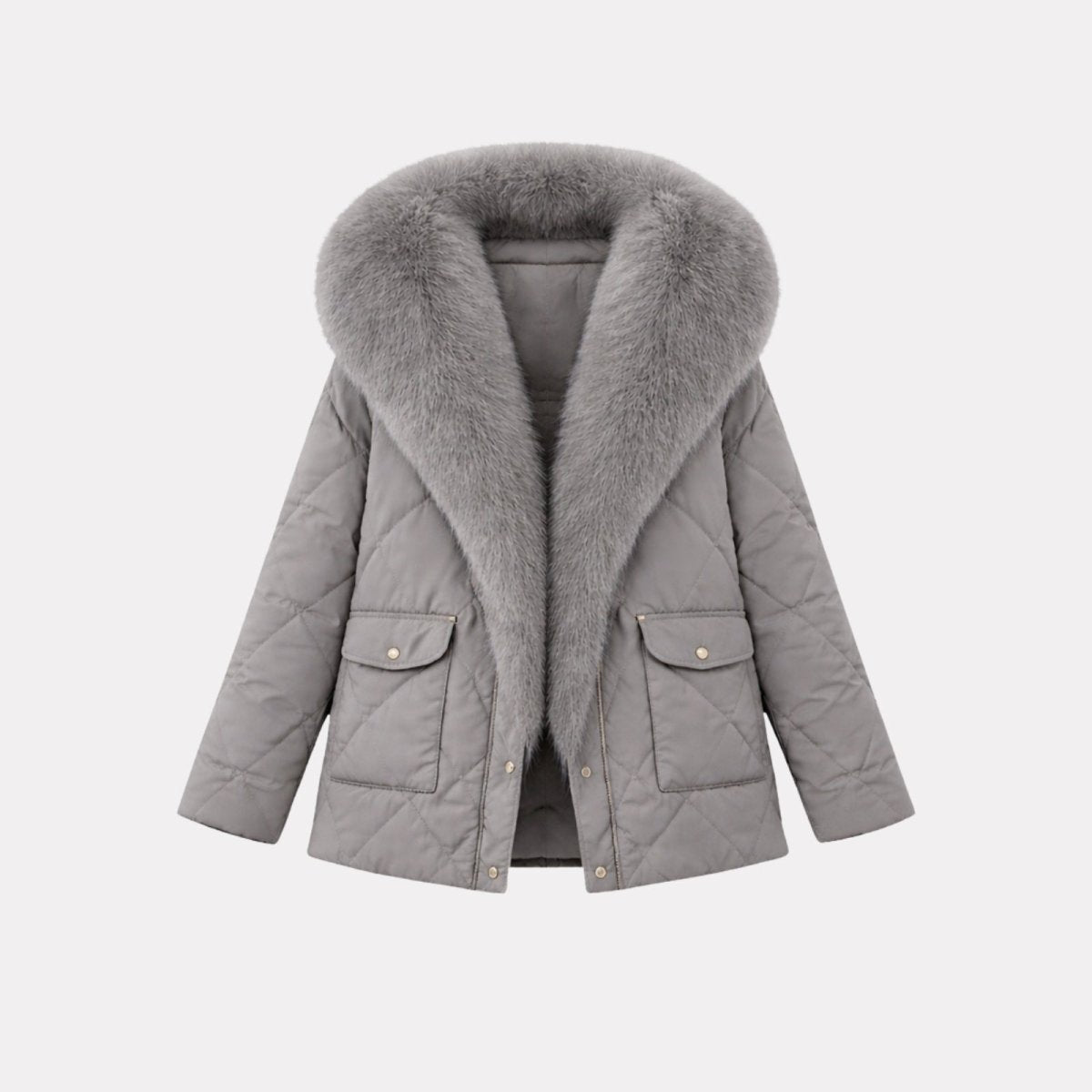 Flatlay product shot of the Kayla grey quilted jacket with the front zipper open, highlighting the luxurious fur collar and interior.