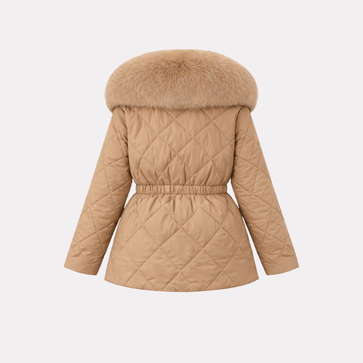 Flatlay product shot showing the back of the Kouvr Kayla women's quilted jacket, detailing the diamond quilt pattern and cinched waist.