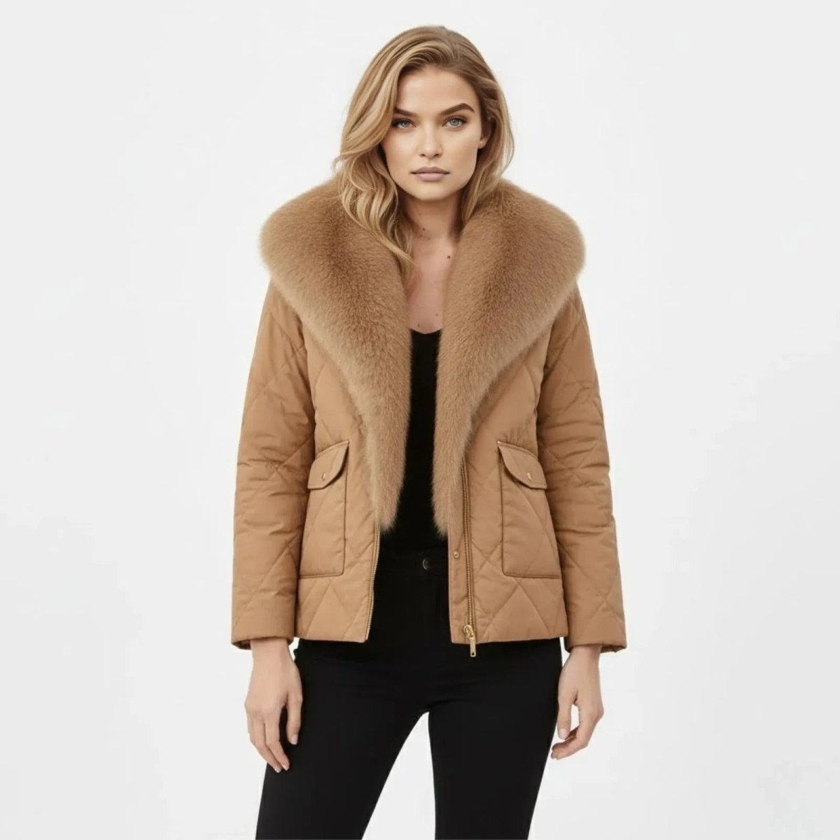 Model wearing the Kouvr Kayla light brown quilted jacket with a large faux fur collar, showing the front zip and flap pockets.