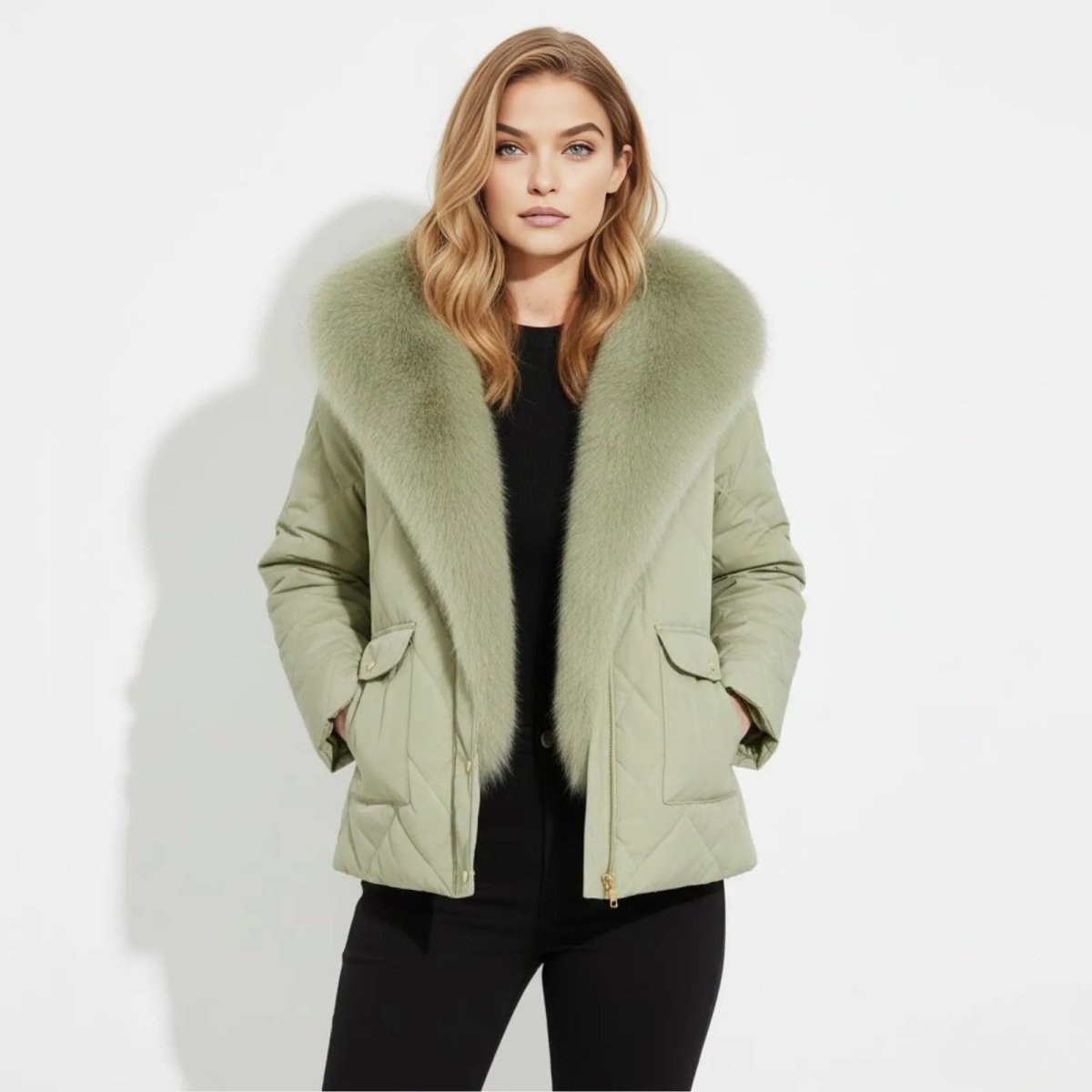 Model wearing the Kouvr Kayla sage green quilted jacket with a large faux fur collar, viewed from the front against a white background.