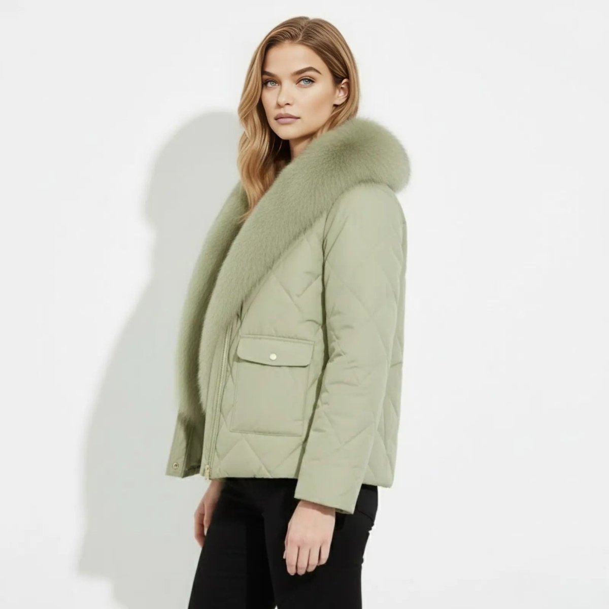 Side profile of a model in a sage green diamond-quilted jacket showing the hip-length cut and plush faux fur collar detail.