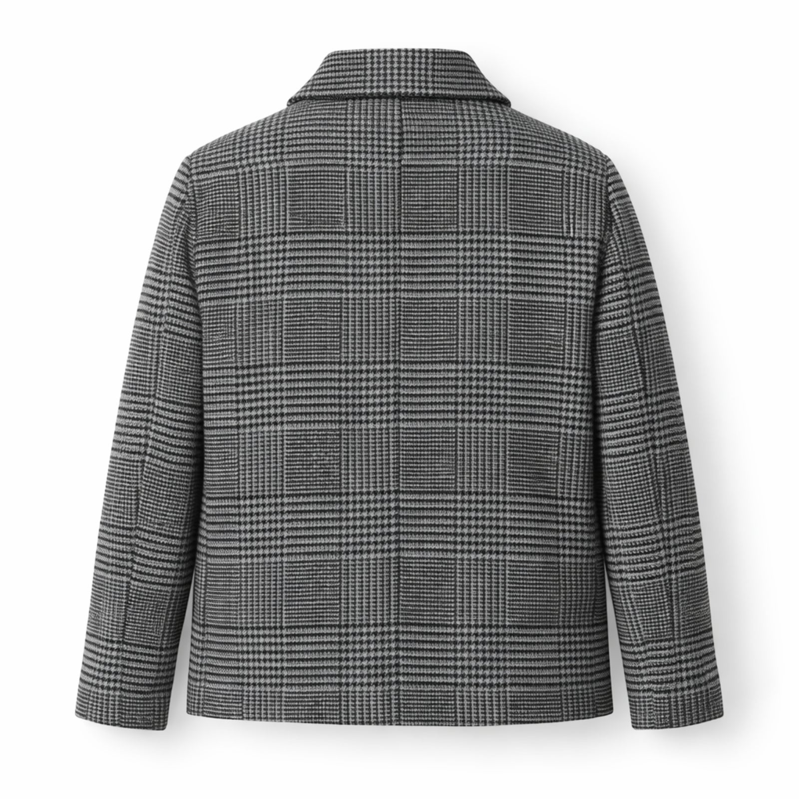 Flat lay of the back of the Kouvr Kensington gray plaid shirt jacket, highlighting the quality fabric and construction.