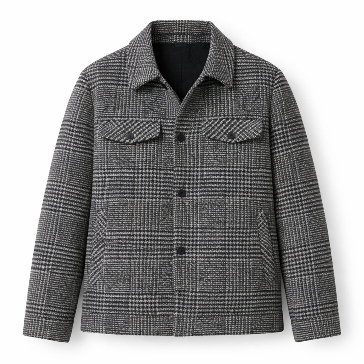 Flat lay of the Kouvr Kensington men's wool overshirt showing the front button closure, collar, and chest pocket details.