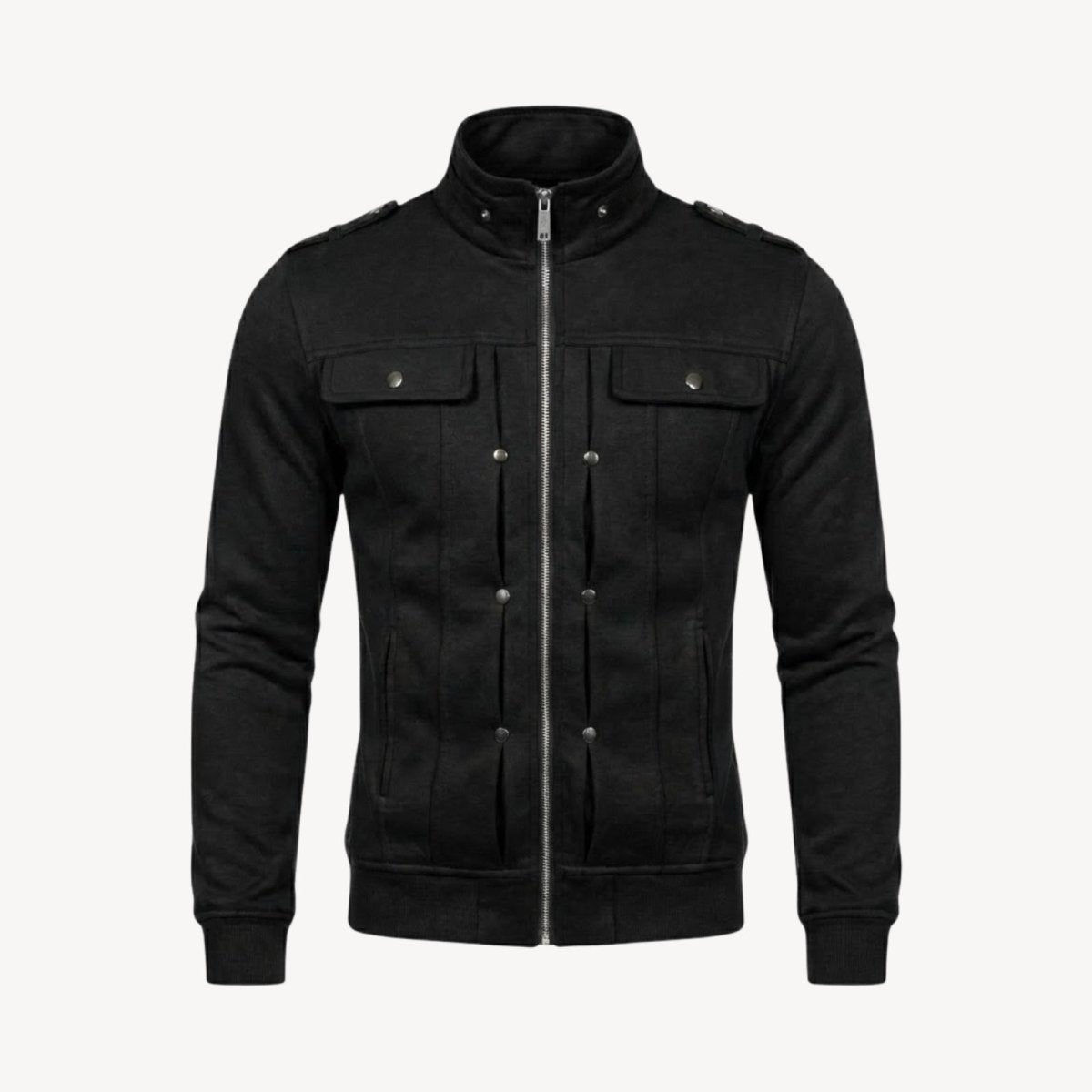 High-resolution product image of the Kouvr Kent men's black zip-up military jacket with shoulder epaulets and gunmetal hardware.