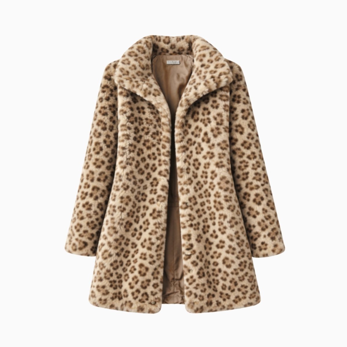 Flatlay of the open leopard print faux fur coat showing the satin lining and notched lapel collar.
