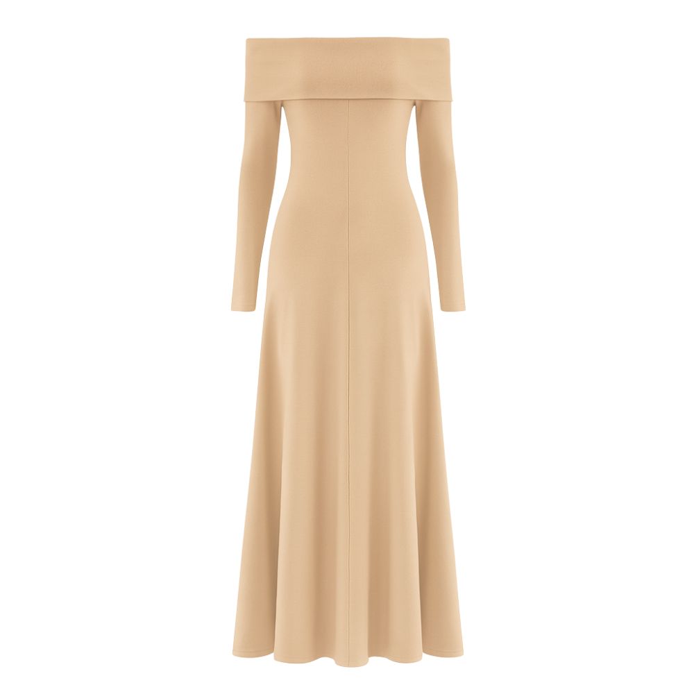 khaki kouvr off-shoulder long-sleeve dress on a white background