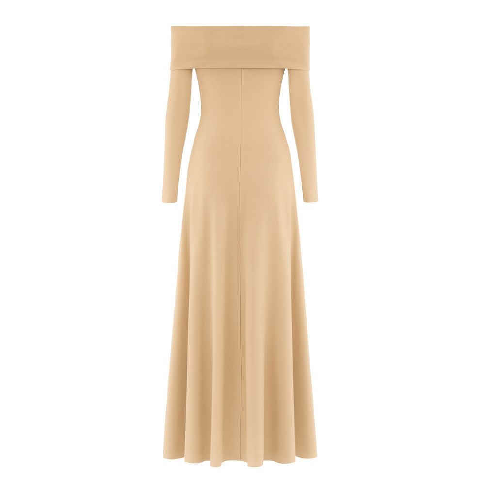 Khaki kouvr off-shoulder long-sleeve dress on a white background