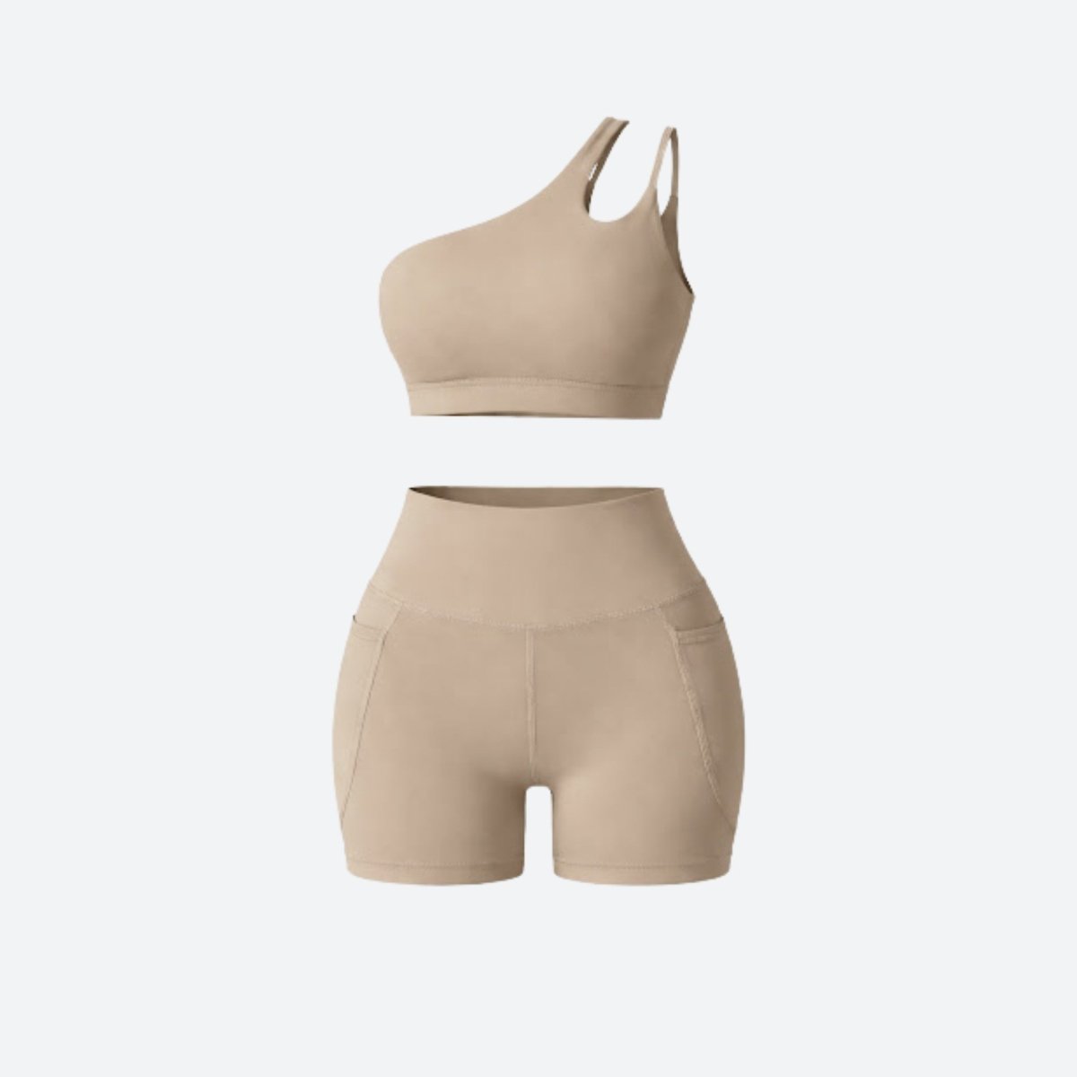 Flat lay clothing studio view of Kouvr khaki asymmetrical sports bra with strap cutout and high waisted pocket biker shorts.