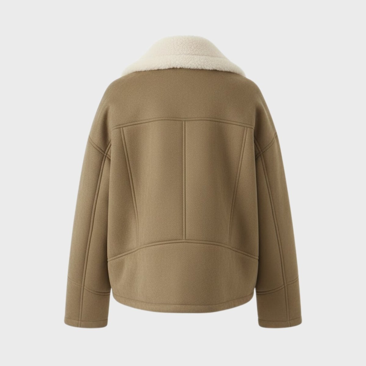 Flat lay back view of a khaki sherpa-lined jacket showing the yoke and panel seam construction.