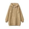Flatlay product shot of the Kouvr khaki oversized knit hoodie showing the full garment, braided drawstrings, and pocket details.