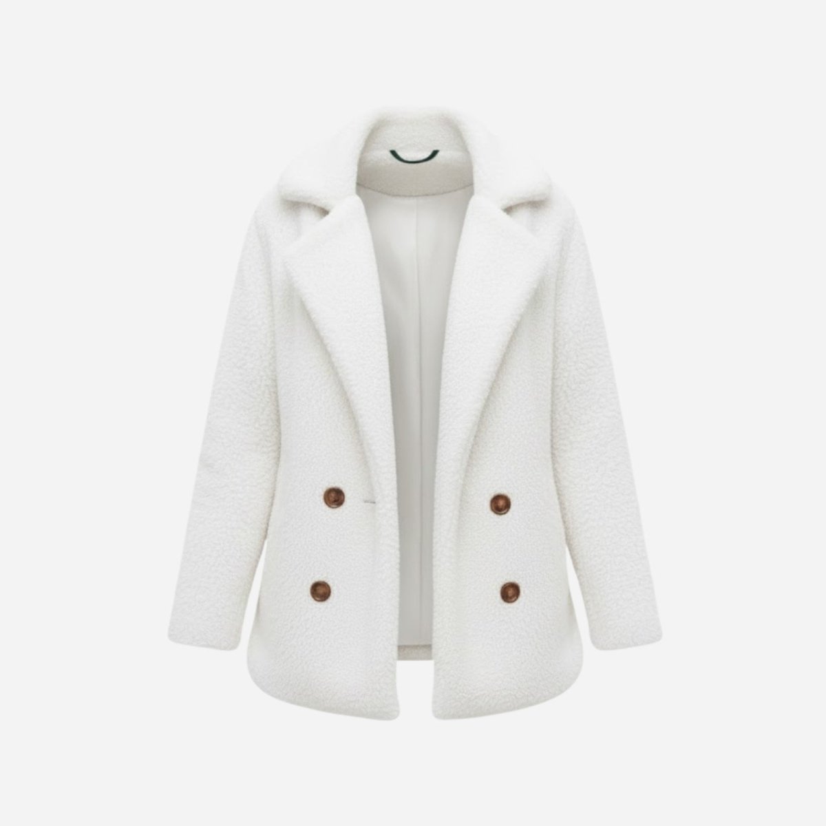 Flat lay of the Kouvr Kianna double-breasted bouclé coat, open to show the interior lining and detailed horn buttons.