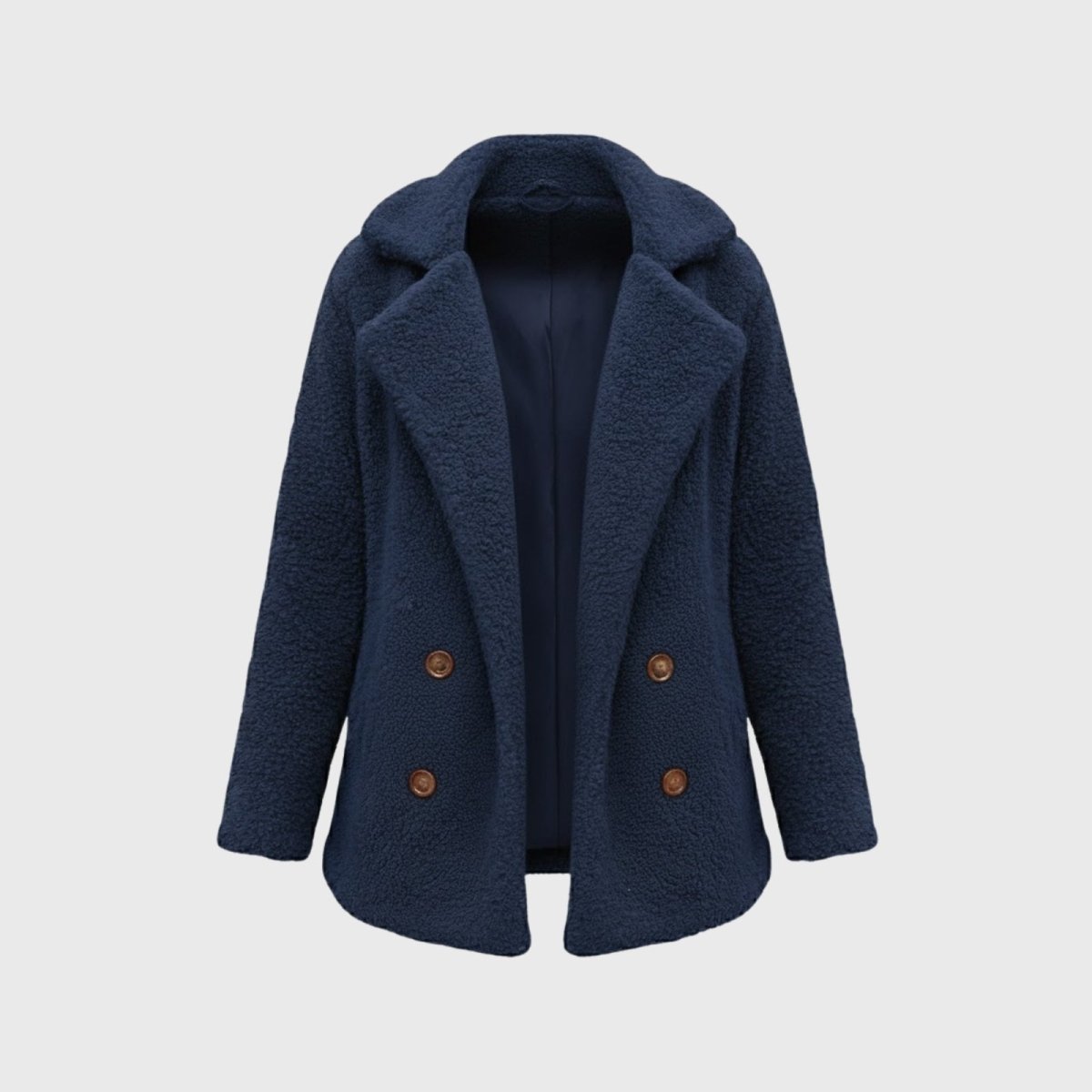 Flat lay of an open navy blue teddy coat, displaying the wide notched lapel, four horn-effect buttons, and the smooth satin lining inside.