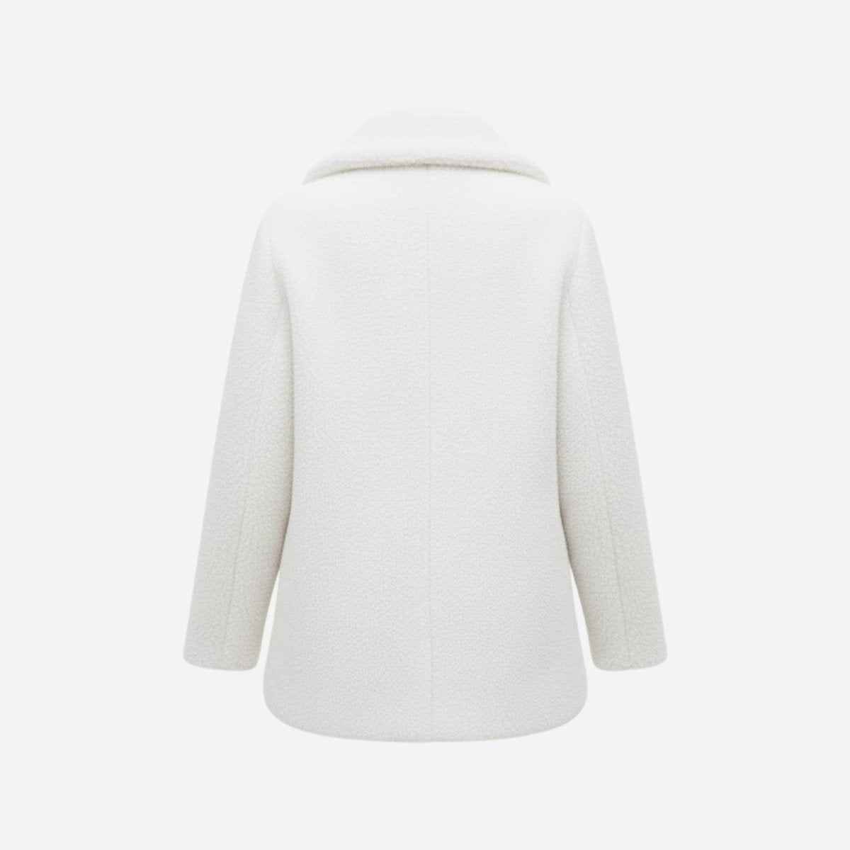 Back view flat lay of the Kouvr Kianna white teddy jacket, detailing the plush bouclé texture and collar construction.