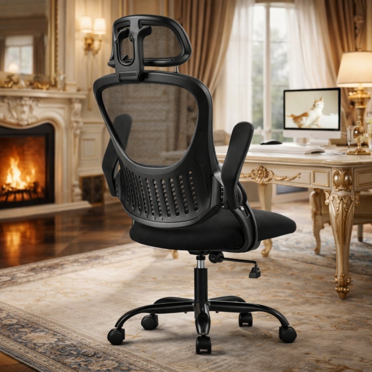 Infographic demonstrating the adjustable features of the Kouvr Kinesis chair, including the pivoting headrest and the 90-degree flip-up armrests.