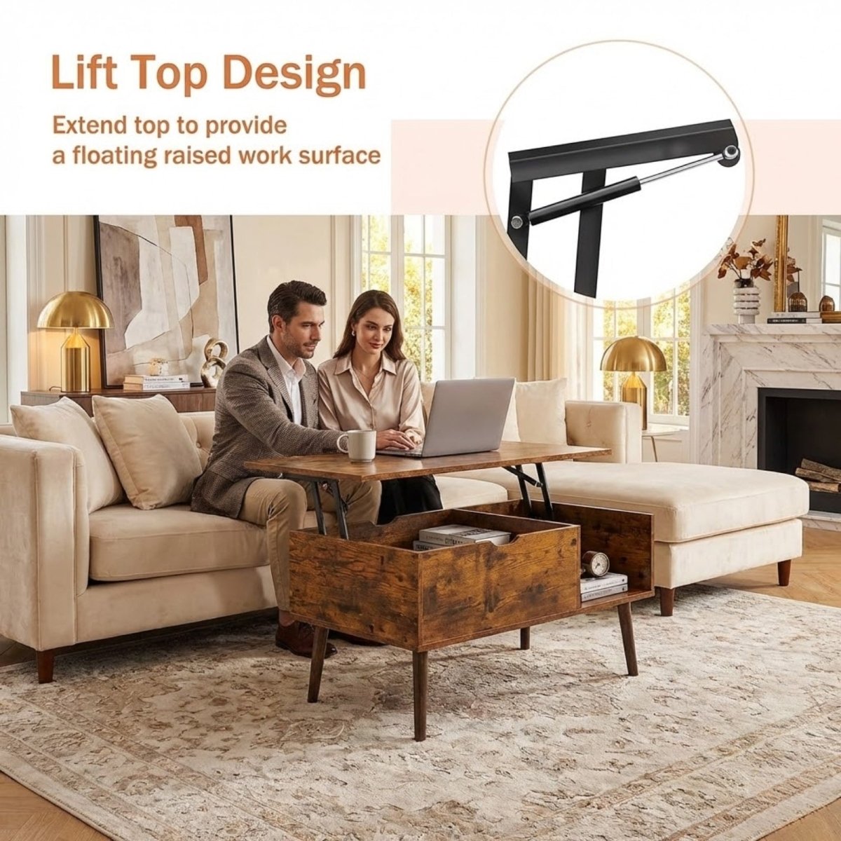 Close-up view of the open hidden storage compartment inside the Kouvr Kinesis lift-top coffee table, showing organized books and decor.