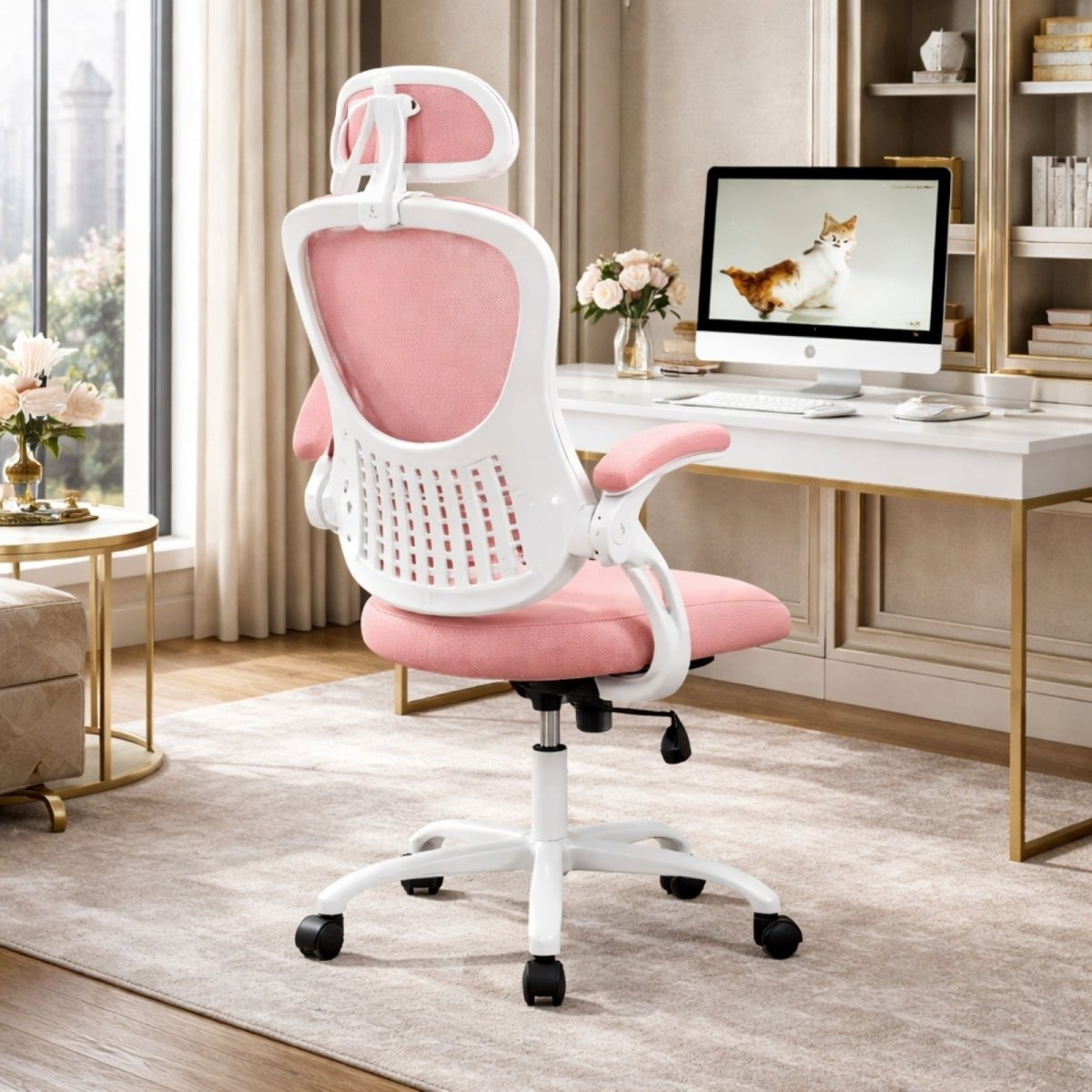 Detailed product dimensions of the Kouvr Kinesis ergonomic chair, showing height, width, seat depth, and a weight capacity of 250 lbs.