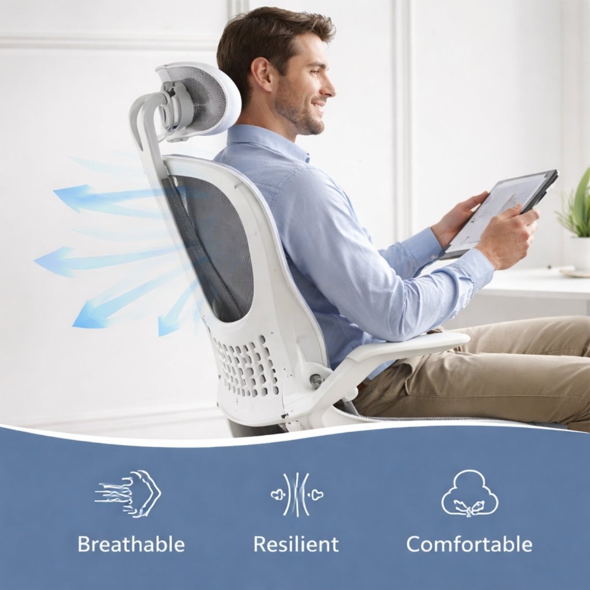 Rear three-quarter view of the all-black Kouvr Kinesis high-back ergonomic chair, showcasing its sleek design in a professional home office setting.