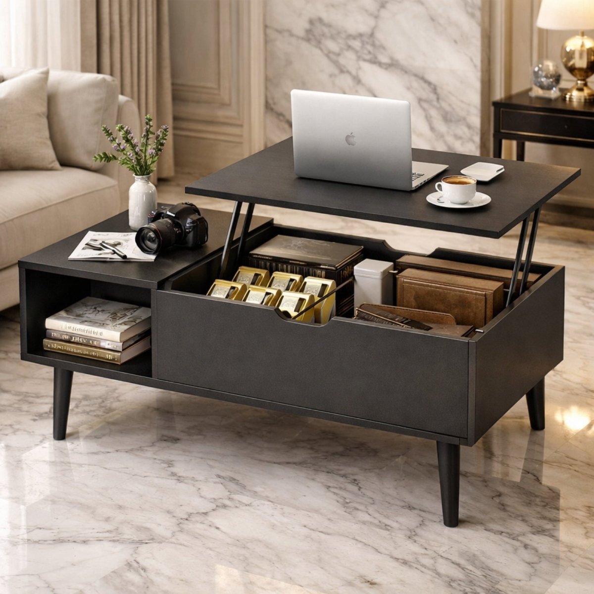 Black oak mid-century modern lift-top coffee table by Kouvr with the top raised to desk height in a luxury living room setting.