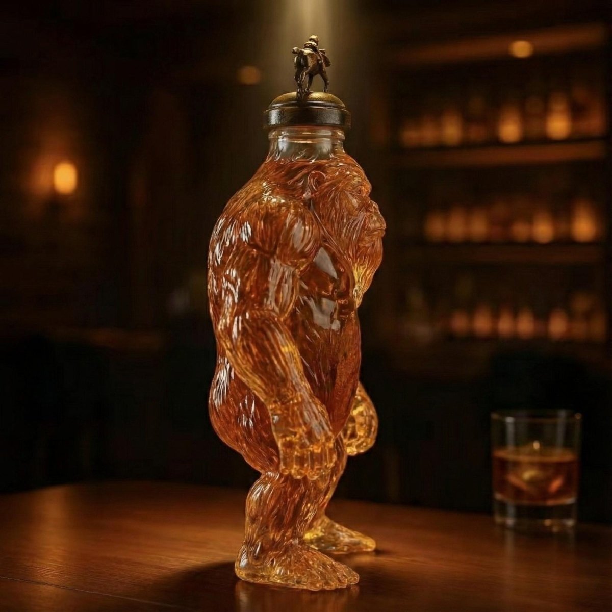 Side profile of the muscular King Kong bourbon decanter by Kouvr, showing detailed glass craftsmanship.