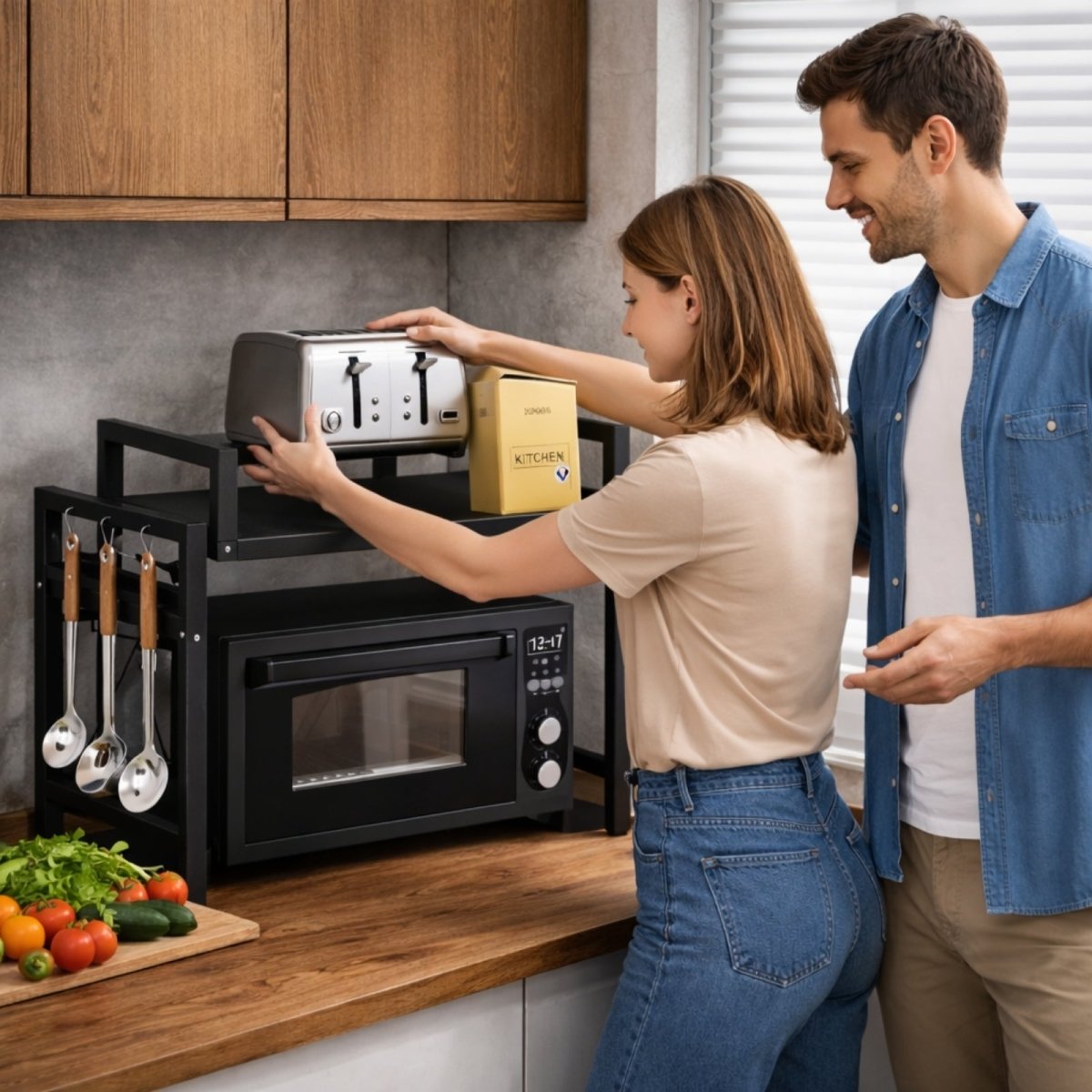 A couple happily organizing their kitchen using the black Kouvr counter shelf to place a toaster above their microwave oven.