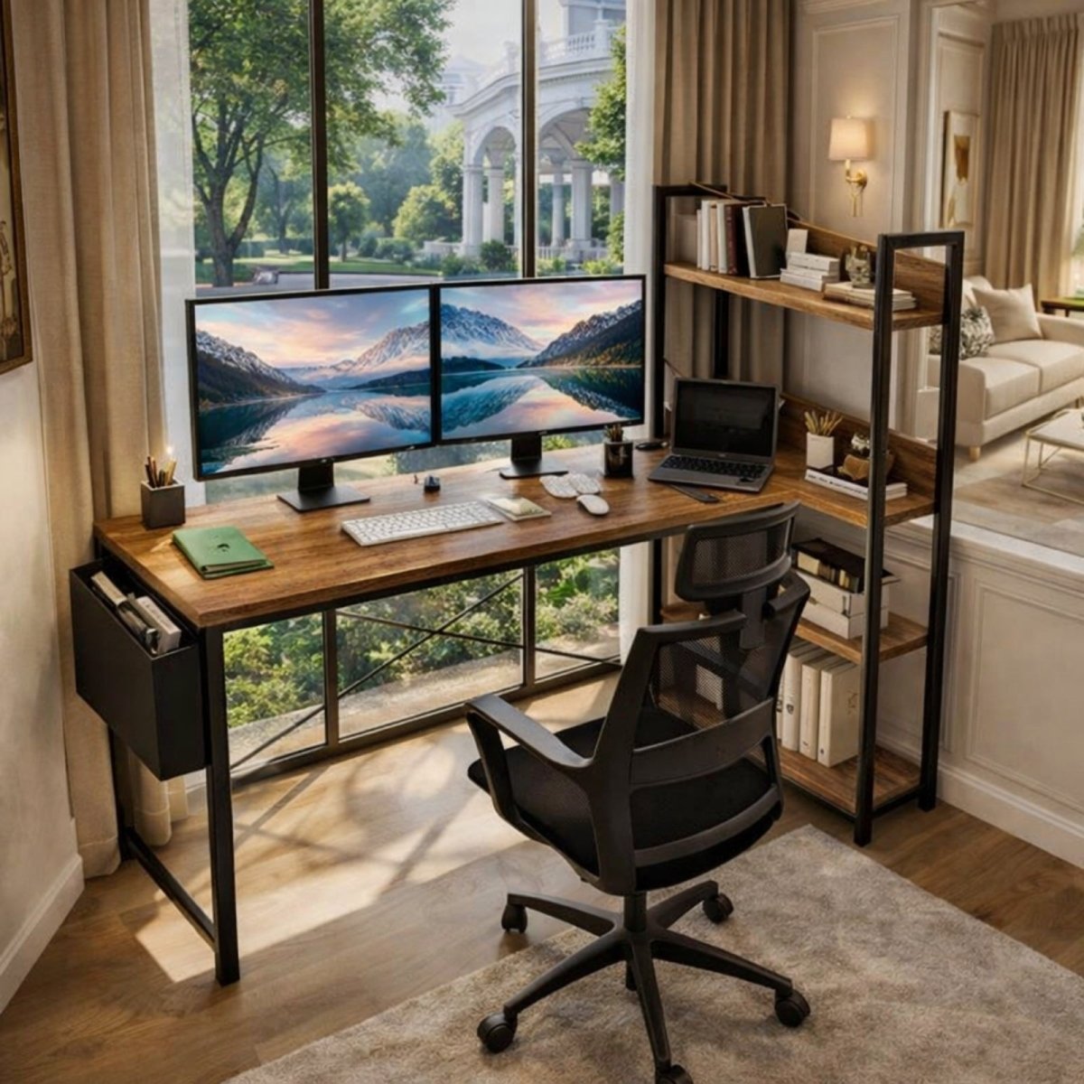 The Kouvr L-shaped desk arranged in a long, straight configuration against a window, comfortably holding a dual monitor setup for a home office.
