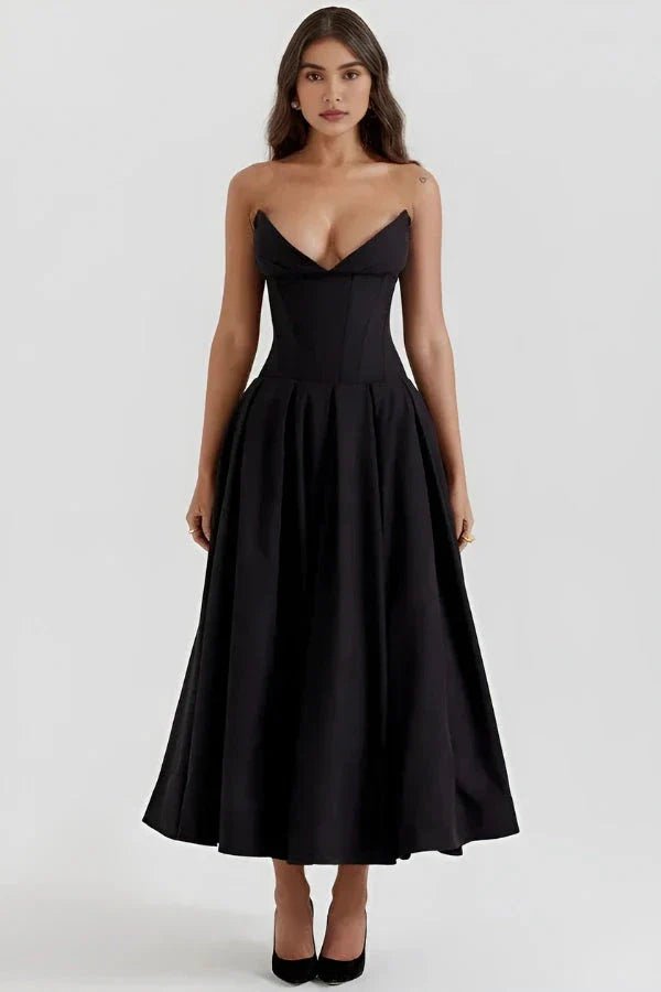 Black Strapless Corset Midi Dress Black / M