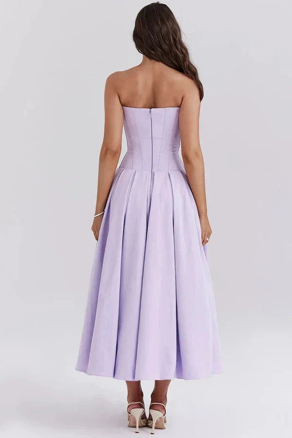 structured bodice, A-line silhouette, sculptural fit, wedding guest attire, and special occasion dress