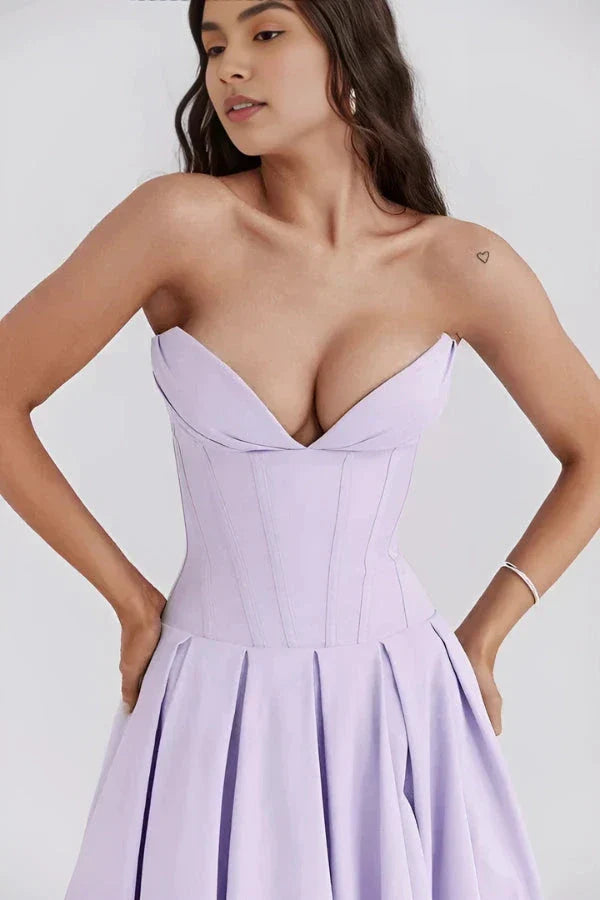 structured bodice, A-line silhouette, sculptural fit, wedding guest attire, and special occasion dress