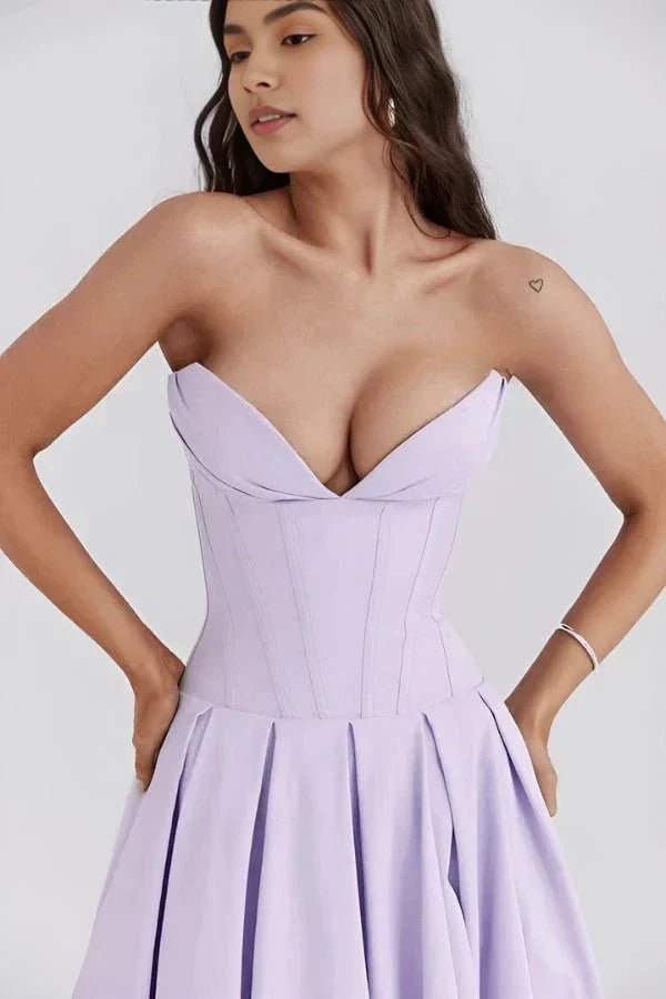 structured bodice, A-line silhouette, sculptural fit, wedding guest attire, and special occasion dress