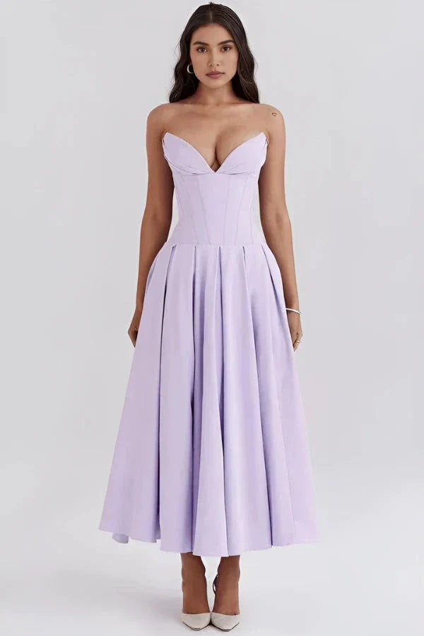structured bodice, A-line silhouette, sculptural fit, wedding guest attire, and special occasion dress