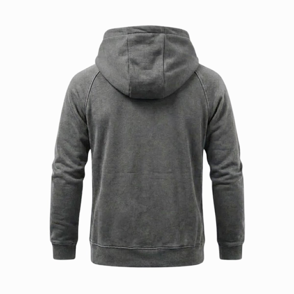 Product-only shot showing the back and hood detail of the Kouvr grey hoodie.