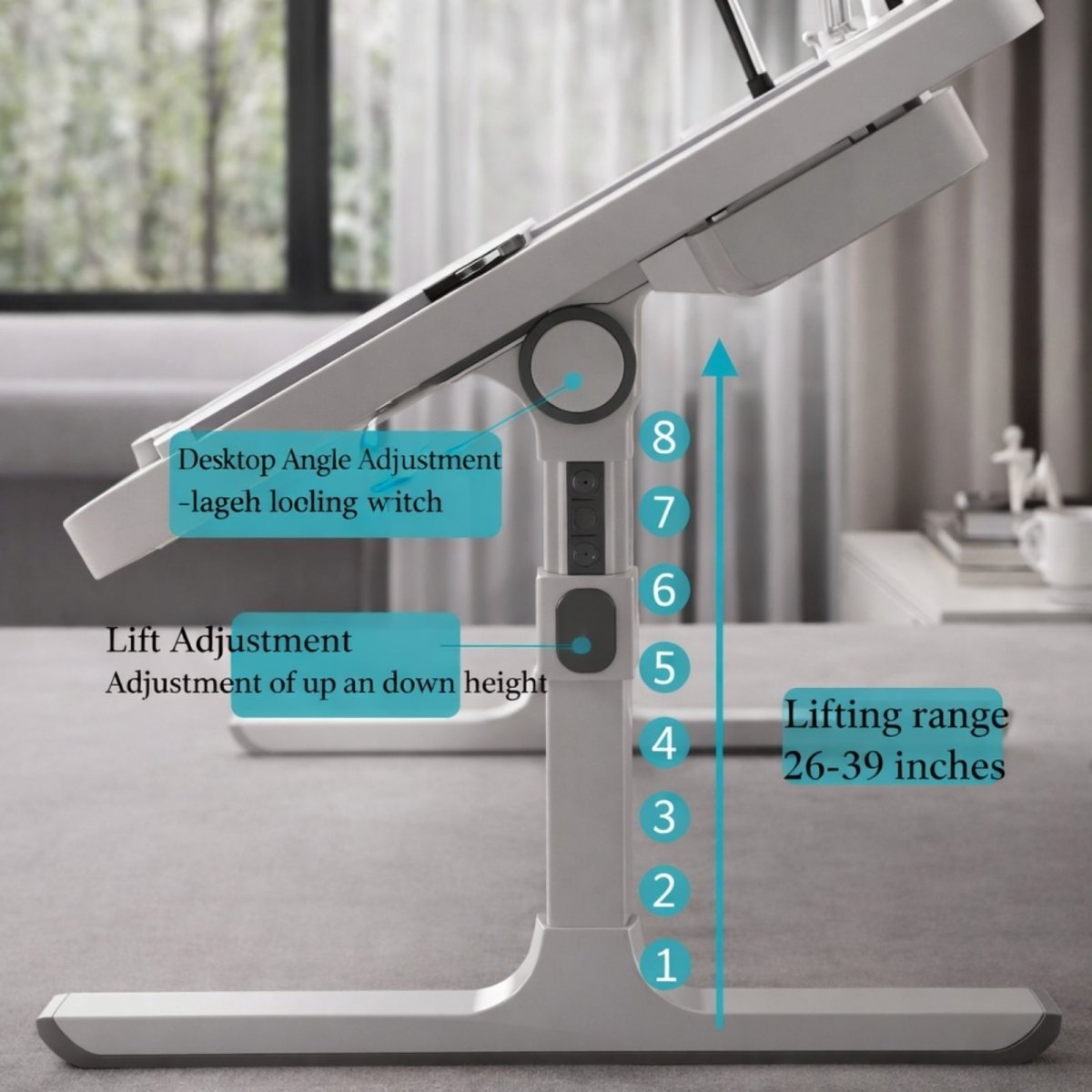 A side view of the Kouvr lap desk's leg showing the 8-level height adjustment mechanism and the desktop angle adjustment button.