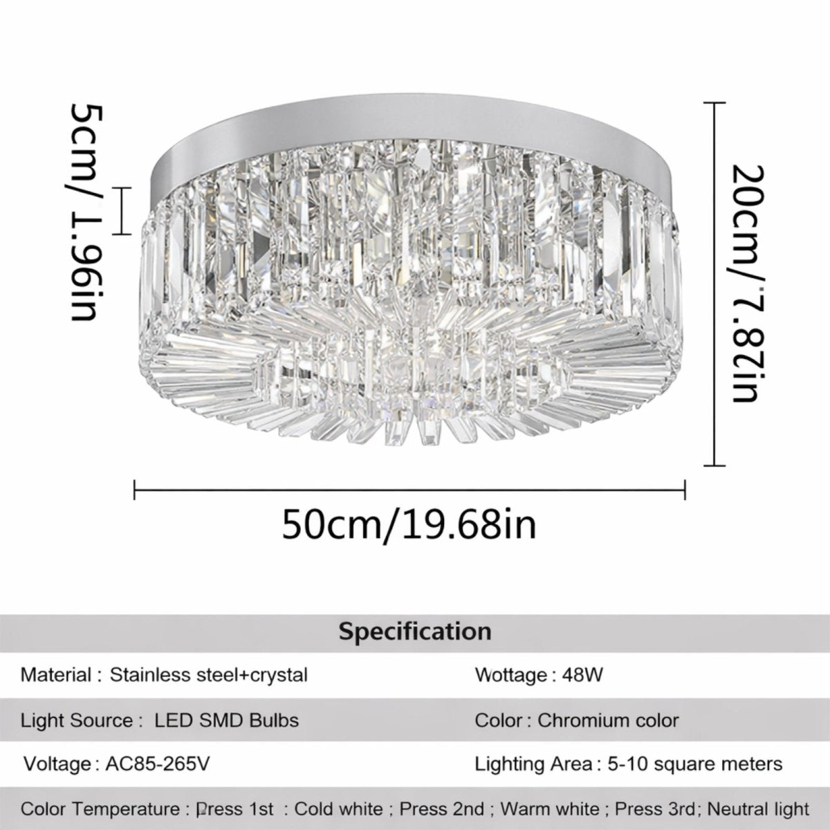 Specification sheet for large 50cm (19.68in) gold flush mount chandelier showing 48W LED output and dimensions.