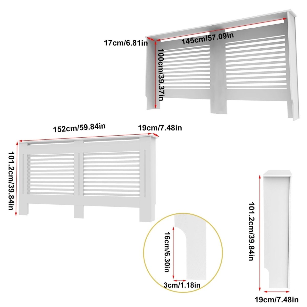 Technical diagram showing the external and internal dimensions in both inches and centimeters for the large Kouvr modern radiator cover.