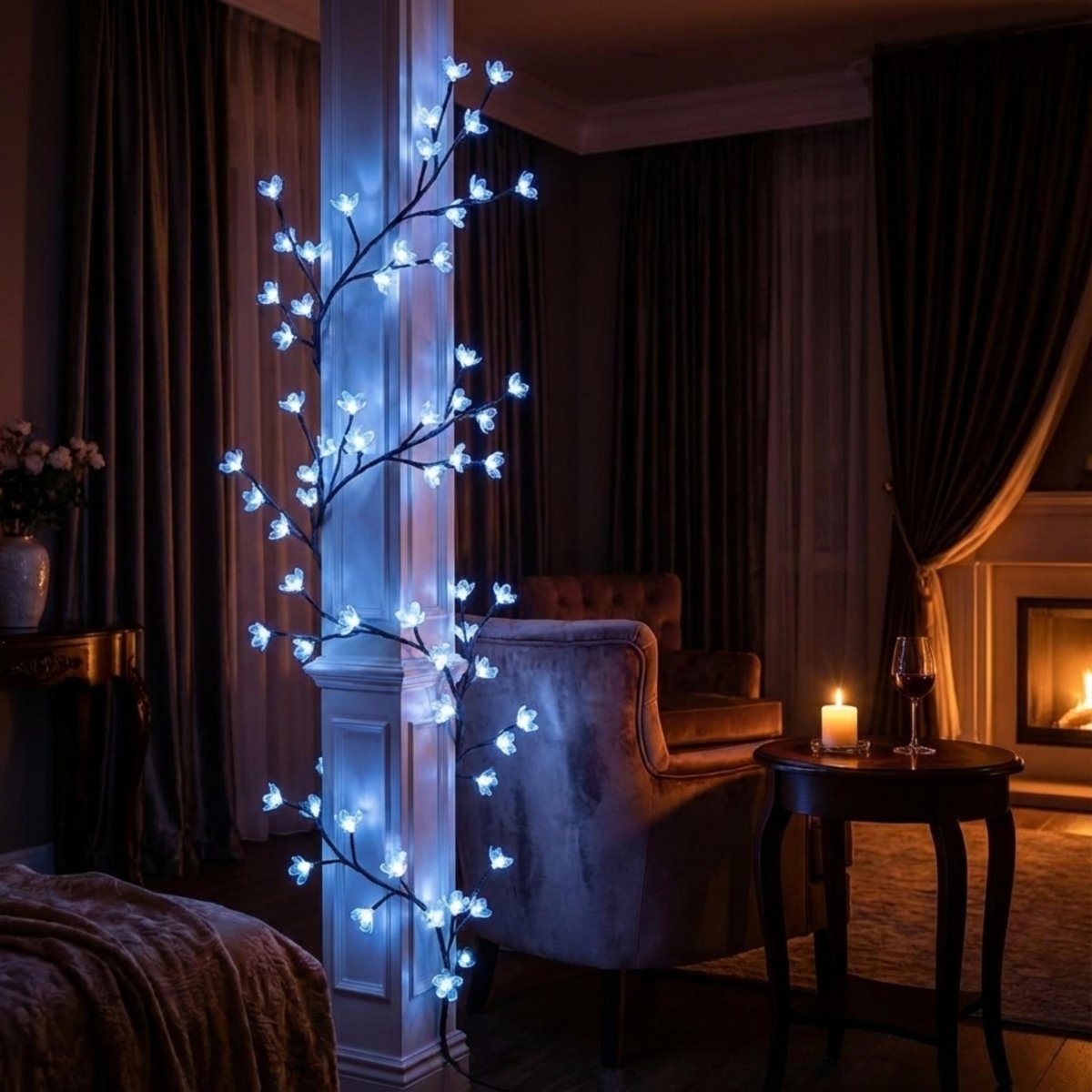 The versatile Kouvr lavender botanical wall light installed vertically on a structural column in a luxury bedroom, providing ambient accent lighting.