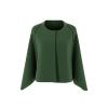 Front view of the Kouvr Laverne collarless open-front jacket in dark green bouclé knit fabric on a white background.