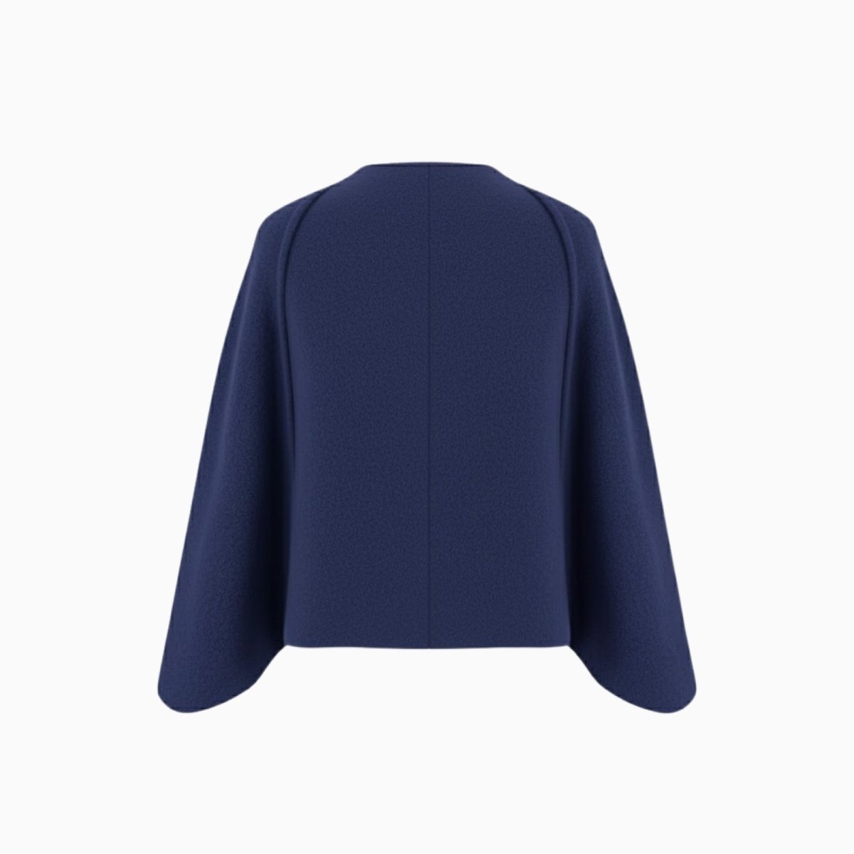 Flat lay product shot of the Kouvr Laverne blue cape jacket, back view on a white background showing the center seam.